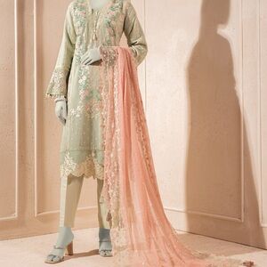 Junaid Jamshed luxury pret new collection Mint Green and Peach Embroidered Dress